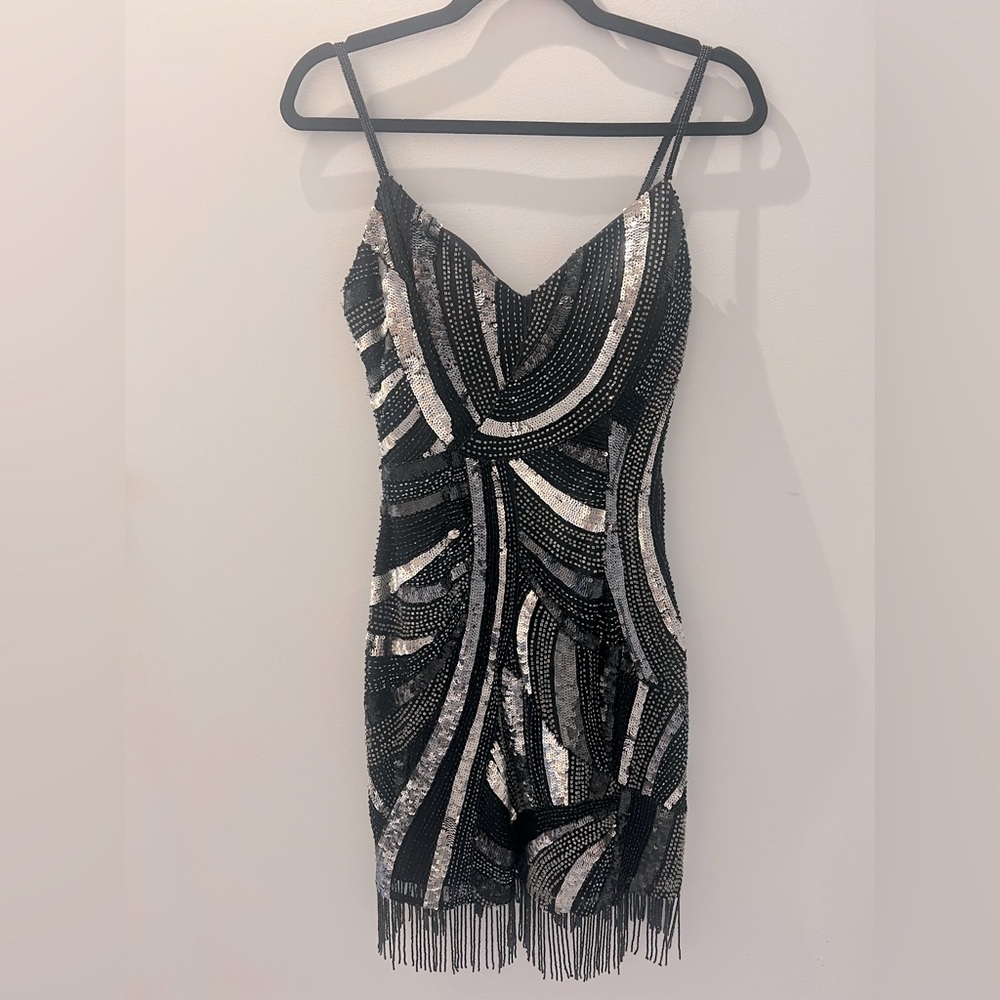 Vintage SCALA Black & Silver Beaded Fringe Dress | Size M | Made in India - Picture 3 of 7